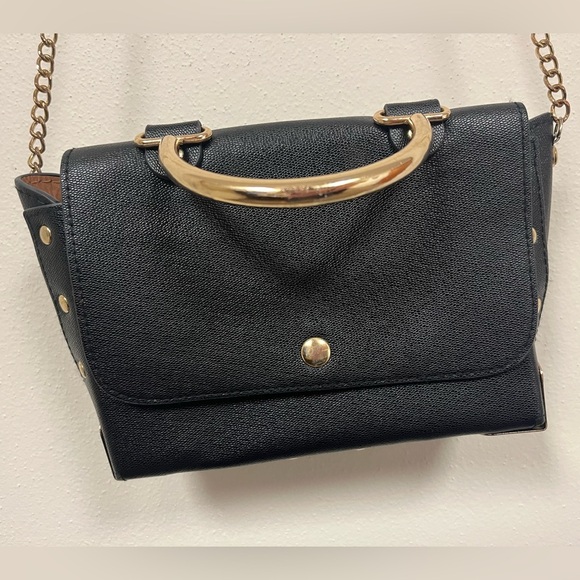 Black Handbag with Gold Accents Versatile Gold Studded Leather Shoulder Bag - Picture 6 of 15